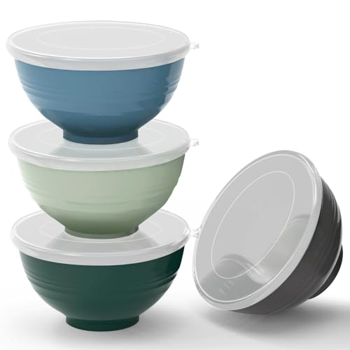Greentainer Juego de 4 Cuencos 710ml (24oz), Boles para Cereales y Ensalada, Aptos para Microondas y Lavavajillas, Irrompibles y Apilable（Color Oscuro con tapas）