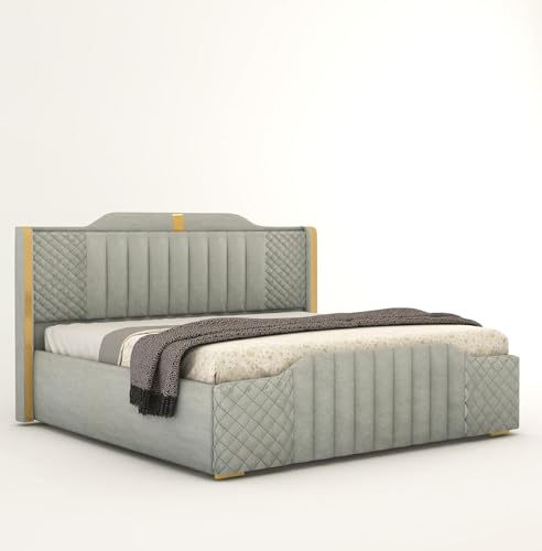 Image of Modern Upholstered King Size Bed with Storage | Double Bed with Box Storage & Upholstery Premium Fabric Headboard | Platform Bed for Bedroom & Hotel | Sheesham Wood, Grey, 6.5 x 6 Ft