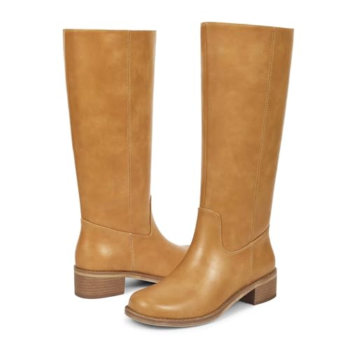 ISNOM Knee High Boots for Women Square Toe Chunky Block Riding Tall Boots with Side Zipper and Low Heel3