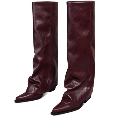 Women's Fold Over Knee High Boots Wide Calf Chunky Heel Long Boot...
