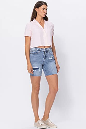 Judy Blue Hi-Waisted Mid-Length Denim Patch Shorts - 150094 (Large) #TOP6