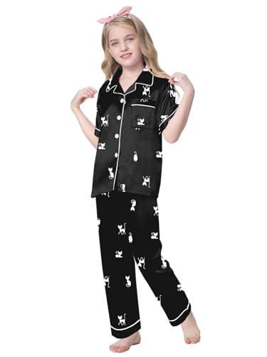 Schbbbta Girls 3 Pieces Pajamas Sets Silk Satin Sleepwear Button Down Short Sleeve Pjs Outfits4