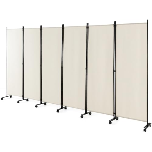 LIFEZEAL Biombo Plegable de 6 Paneles para Interior y Exterior, Divisor de Pie con 14 Ruedas, Pared Tabique, Estructura Metálica, Protección de la Intimidad, Separador de Espacios (Beige)