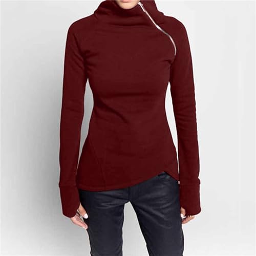 JEsilunmaMY Slim Fit Turtleneck Sweatshirt for Women Zip Irregular Hem Pullover with Thumb Hole Casual Mock Neck Sweater Tops3
