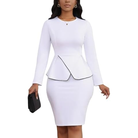 Women's 2 Piece Suit Skirt Set Peplum Long Sleeve Church Dress Suit Formal Office Business Midi Pencil Skirt Suit White XL Cover