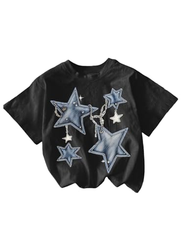 Image of RoseSeek Girl's Geometric Star Graphic Tee Tops Casual Summer Short Sleeve Crew Neck T Shirt