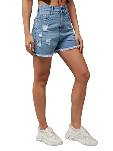 Image of Miss Chase Women's Regular High Rise Above Knee Stretchable Denim Shorts