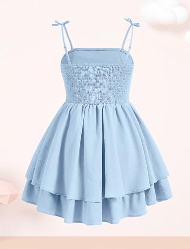 Happy Cherry Girls Tie Knot Spaghetti Strap Midi Dresses Smocked Tiered Beach Sundress Summer 4-10Y2