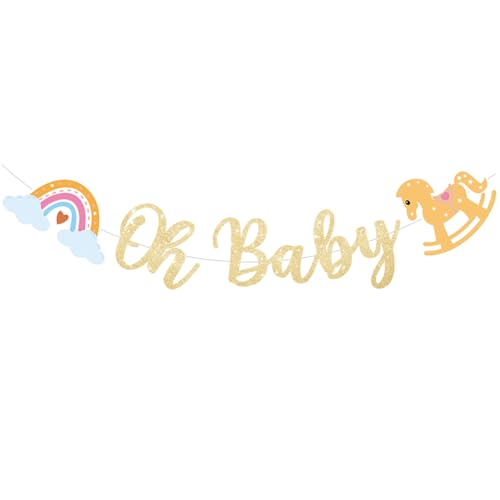 MoguGo Babyparty Deko Banner Oh Baby in Glitzer Gold – Boho-Wolke & Holzpferd Design Girlande für Baby Shower, Taufe, Geburtstag – Hängende Papierdeko für Junge & Mädchen