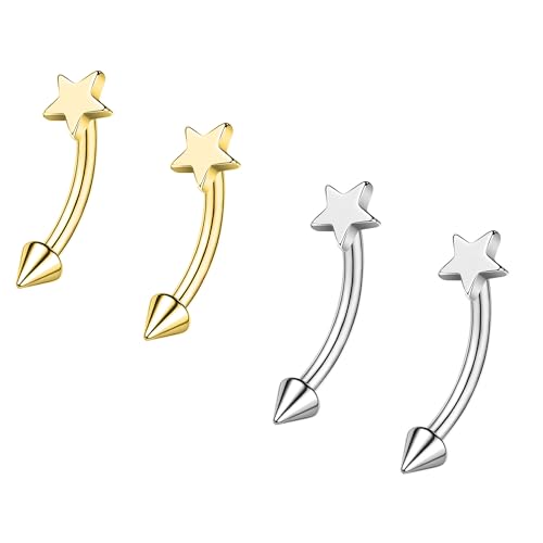 ZS 2 Pairs Internally Threaded Eyebrow Rings, 16G Stainless Steel Spike Helix Daith Tragus Earrings Belly Lip Body Piercing Jewelry for Sensitive Skin Women Men (Star,L:8mm)