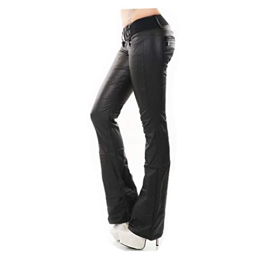 Redseventy Damen Hose Wetlook Lederlook Kunstleder Optik Bootcut Jeans mit Gürtel (38)