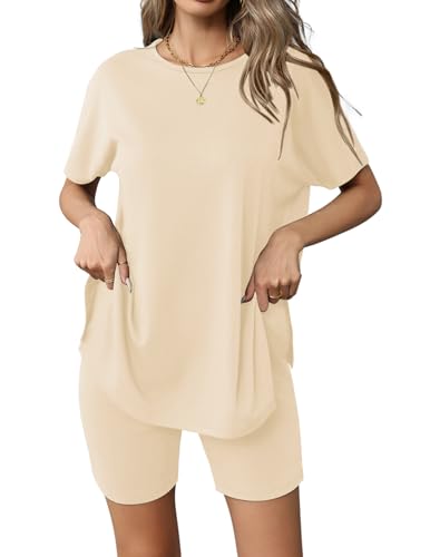 Image of Ekouaer Women's 2 Piece Lounge Set 2026 Summer Biker Shorts Set Outfits Short Sleeve Oversized Top Matching Tracksuit