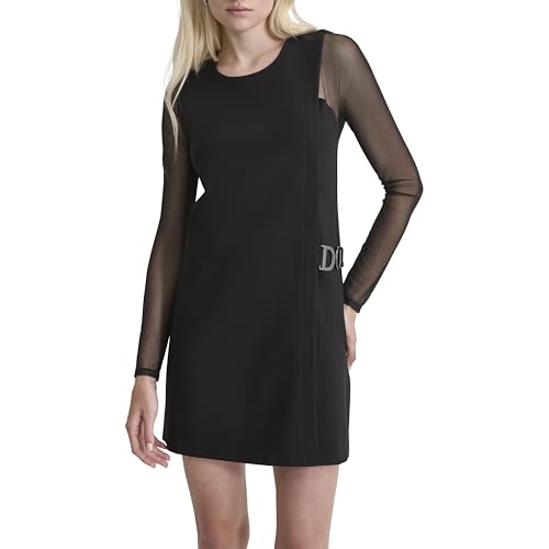 DKNY Women's Long Mesh Sleeves Jewel Neck Double D Hardware Mini Dress, Black, 16