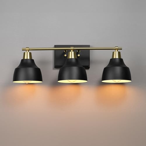 Image of Globe Electric 63000204 5-Piece All-in-One Bathroom Accessory Set, 3-Light Vanity Light, Matte Black & Brass, Towel Bar, Robe Hook, Toilet Paper Holder, Towel Ring, Bath, Bathroom Lights Over Mirror