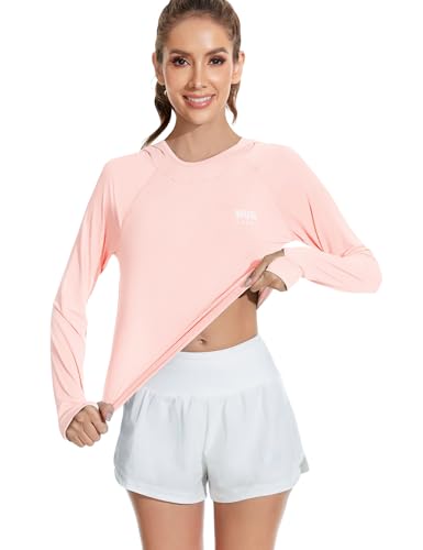 Image of Venzina Women's Slim-Fit Running Hoodie with Reflective Lettering IUPF50+ Quick-Dry Long Sleeve with Thumbholes | for Night Jogging, Yoga & Commute(Size Up)