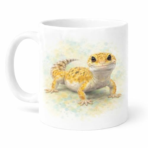 Brew Crew Gifts Leopard Gecko Mug, White Ceramic, 11oz, High-Gloss Finish, Watercolour Illustration, Dishwasher and Microwave Safe, Reptile Lover Gift