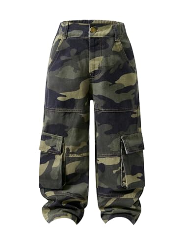 WDIRARA Toddler Girl's Camo Cargo Jeans Baggy Denim Pants with Flap Pockets Army Green 7Y