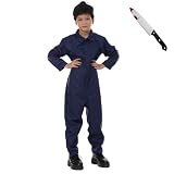 GOBWCOT Blue Coveralls Kids Blue Coveralls Jumpsuit With Knife Work Clothes Scary Halloween Horror Movie Cosplay Costume