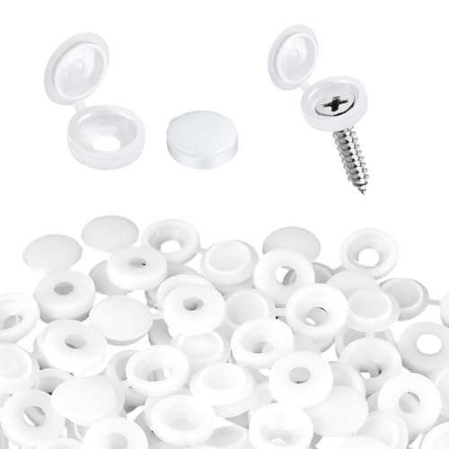 150 Pcs White Hinged Screw Cover Caps, 5mm Plastic Screw Caps for Concealing Screw Heads, Decorative Snap On Flip Top Protective Washer Caps for Furniture, Kitchen Cabinets, Shelves, License Plates