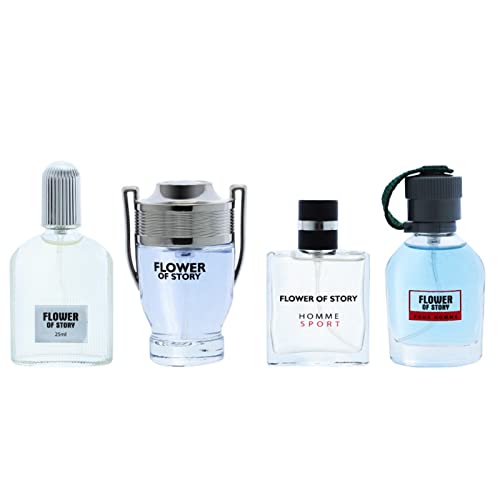 Juego de 4 perfumes de 25 ml en empaque de 250x140x50 mm, con un peso total de 500 g.