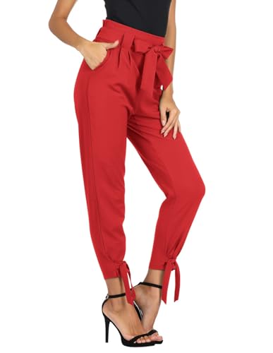 GRACE KARIN Womens Casual High Waist Pencil Pants with Pockets Bow-Knot Cropped Paper Bag Pants for Work Red M