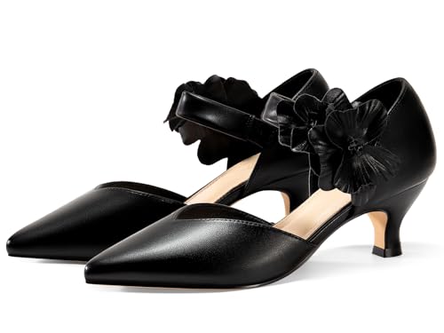 Coutgo Womens Low Kitten Heels Dressy Shoes Comfortable Closed Toe Flower Slip on Formal Party Dance Heeled Pumps4