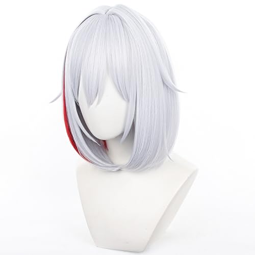 Image of Anime Silver White Highlighting Red Wigs with Bangs Women Short Straight Wig with Bangs Game Show Replace Wig Halloween,Christmas,Comic con,Party