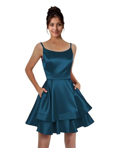 Modest Homecoming Dresses for Teens Satin Spaghetti Straps Ruffle Tiered A-Line Short Prom Dress with Pockets 2025 - Main Image