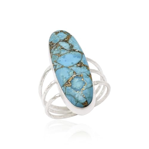 Gemifyer 925 Sterling Silver Natural Green And Blue Copper Turquoise Long Oval Statement Ring for Women Handmade Gift Jewelry (Blue, 8)
