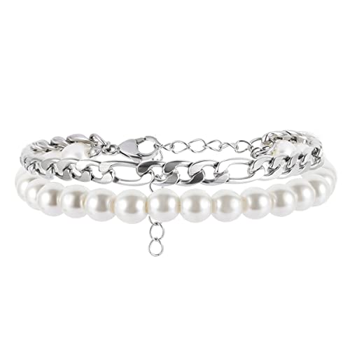 Faux Pearl Bracelet Men with Cuban Link Figaro Chain Wrist Bracelets Set Male Gift