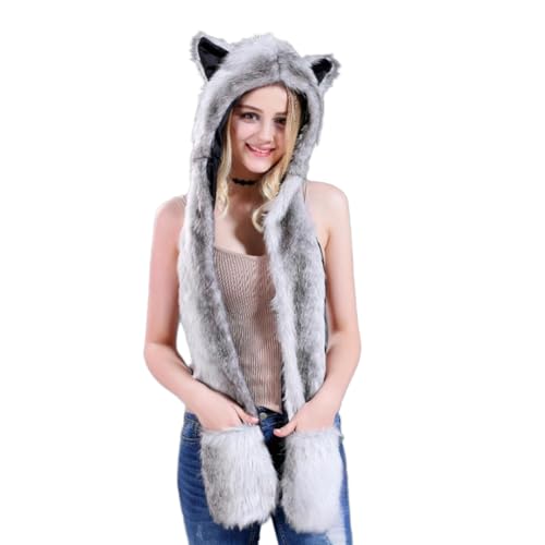 Faux Fur Animal Hat 3 in 1 Novelty Hood Earflap Cap Scarf Mitten Hoodie with Paw Pocket Plush Beanie Party Costume
