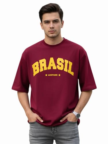 Image of LEOTUDE Half Sleeve Oversized Tshirt for Men, Round Neck Cottonblend Drop Shoulder Printed T-Shirt (Black Color)