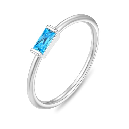 RLMOON Birthstone Ring for Women Non Tarnish Silver Stacking Ring Dainty Emerald CZ Ring Baguette Gemstone Promise Ring Personalized Jewelry Gift for Birthday Size 7