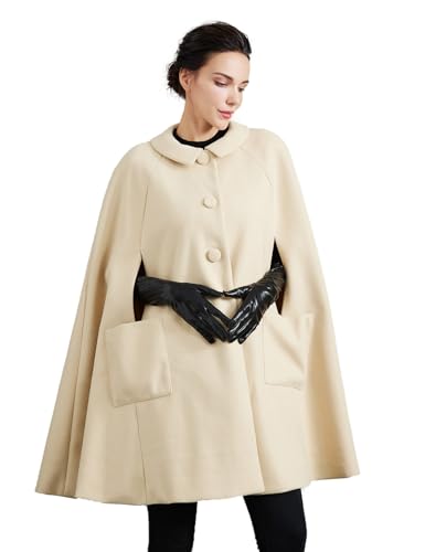 BEAUZSUZSANA Women Wool Blend Cape Coat with Pockets Vintage Idyllic Single-Breasted Pea Coat Outwear for Fall Winter (Beige,S)