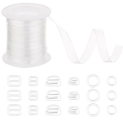 NBEADS Clear Elastic Strap with Buckles, 10.9 Yards Transparent Elastic Band Bra Shoulder Straps with 180 Pcs 6 Styles Adjustment Bra Strap Hooks for DIY Shoulder Bra Clothes Sewing Project