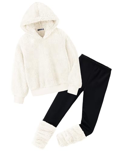 Arshiner Mädchen Bekleidungssets Winter Fleece Hoodie mit Leggings Set Warm Kuschelig Kleidung Zweiteilig Outfits für Kinder 9-10 Jahre