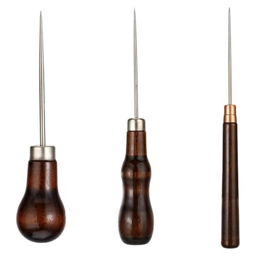 Fangxuee Juego de 3 Herramientas de Punzón para, Punzón para Raspar, Punzón para Coser con de Madera, Punzón para Perforar, Herramientas de Aguja