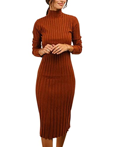 Image of MEROKEETY Women's Ribbed Long Sleeve Sweater Dress High Neck Slim Fit Knitted Midi Dress