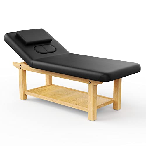 Wood Wide Stationary Massage Table for Treatment Table Physical Therapy Table Spa Facial Bed, PU Leather 31.5'' Wide 75'' Long Heavy Duty Professional Stationary Massage Bed - Black, 4-Legged