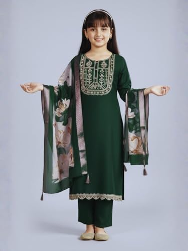 Image of Girls Ethnic Embroidered Silk Kurta Pant and Jacquard Dupatta Set | Kids Salwar Suit | three piece Traditional Outfit