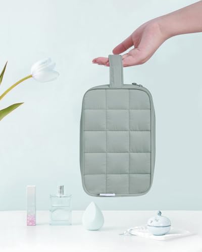 Image of Narwey Quilted Makeup Bag Puffy Make up Bag Cosmetic Bag Organizer, Puffer Travel Toiletry Bag for Traveling Women Girl, Travel Bag for Toiletries, Skincare Medicine Bags (Sage Green)