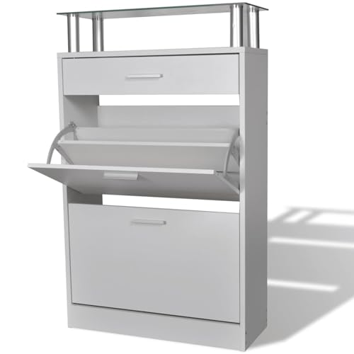 Snsowed Mueble Zapatero con cajón y Estante, Mueble Zapatero, Zapateros Grandes, Mueble Auxiliar, Muebles De Armario, Armario Auxiliar, Superior de Vidrio Blanco