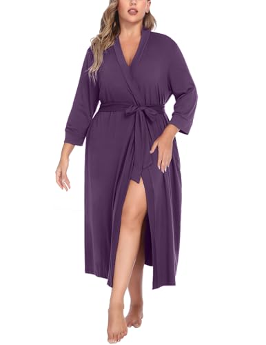Image of IN'VOLAND Womens Plus Size Kimono Robes Long Knit Bathrobe V Neck Ladies Loungewear Lightweight Soft Sleepwear 1X-5X