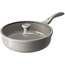 Redchef Ceramic Coated Nonstick Frying Pan with Cover, Large Deep Saute Pan Skillet, Induction Ready, Dishwasher Safe, PFOA PFOS Free, Non Toxic, Glass Lid Large Deep Frying Pan, Grey (5.5Qt, 12