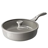 Redchef Ceramic Coated Nonstick Frying Pan with Cover, Large Deep Saute Pan Skillet, Induction Ready, Dishwasher Safe, PFOA PFOS Free, Non Toxic, Glass Lid Large Deep Frying Pan, Grey (5.5Qt, 12")