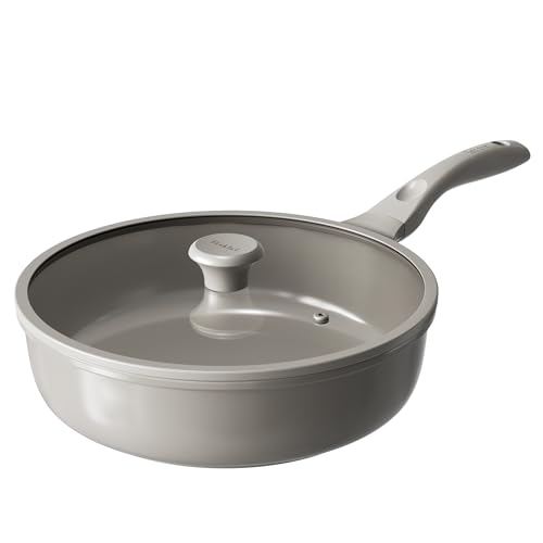 Image of Redchef Ceramic Coated Nonstick Frying Pan with Cover, Large Deep Saute Pan Skillet, Induction Ready, Dishwasher Safe, PFOA PFOS Free, Non Toxic, Glass Lid Large Deep Frying Pan, Grey (5.5Qt, 12")