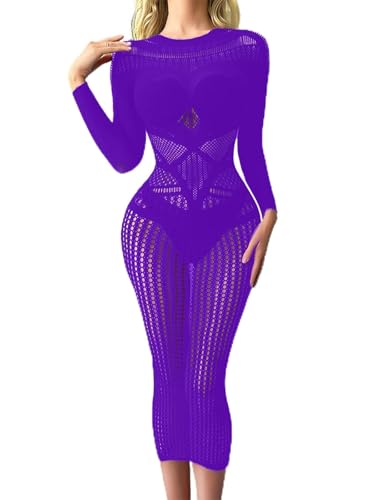 DTWAWA Sexy Lingerie Babydoll Chemise - Womens Mesh Hollow Out Backless Mini Dress Long Sleeve One Piece Outfits Purple