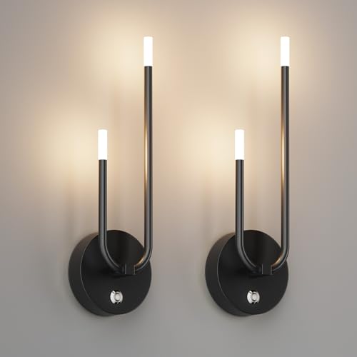 AipsunBlack Battery Operated Wall Sconce Set of 2, Modern LED Stepless Dimming Rechargeable Wall Sconce Indoor Wireless Wall Lights for Bedroom,Living Room,Hallway Warm Light 3000K