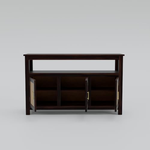 Image of Solid Sheesham Wood Sideboard for Living Room with Cane Doors | 3-Door Storage Unit with Open Shelf | Buffet Cabinet for Dining Room, Entryway & Hallway | Walnut Finish | 140 x 40 x 82 cm