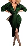 Rooscier Women's Deep V Neck Wrap Slit Hem Ruched Bodycon Party Midi Dress Green Medium